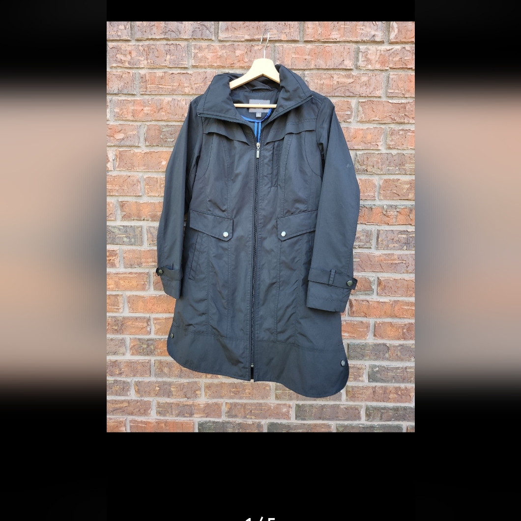 Cole Haan Black Lightweight Windbreaker Hooded Mid Length Zip Up Rain Jacket S